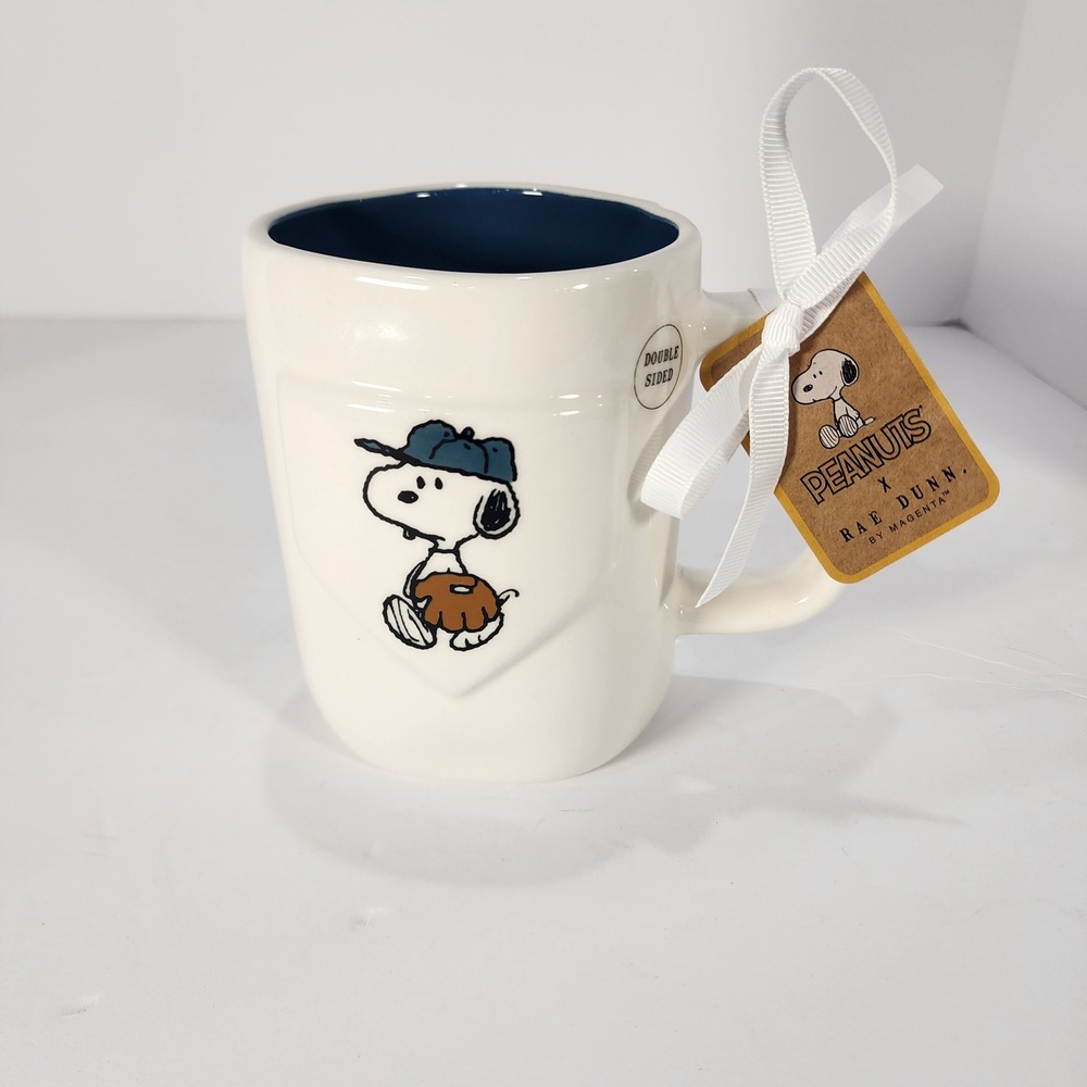 Rae Dunn Peanuts Snoopy Baseball Play Ball Coffee Mug Blue Interior New with Tag
